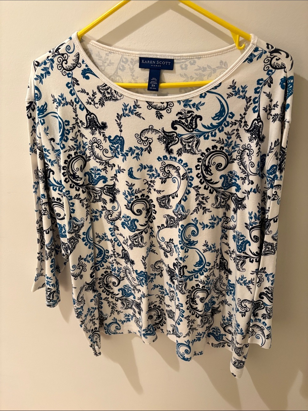 Karen Scott White Paisley-Print Long Sleeve Top with Blue Accents